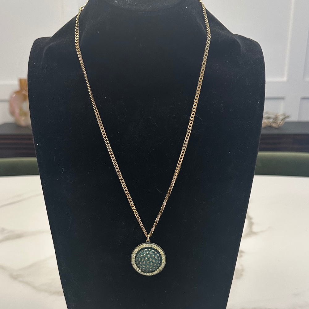 TOVA - Convex Green Circle Medallion Pendant Necklace w/ Yellow Patina Crystals